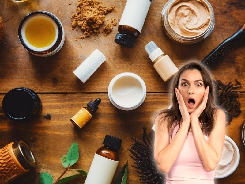 Surprised woman in a vegan hair salon setting, surrounded by hair care products.