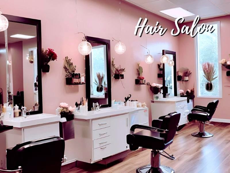 Elegant vegan hair salon interior featuring natural decor, sustainable products, and a relaxing atmosphere.