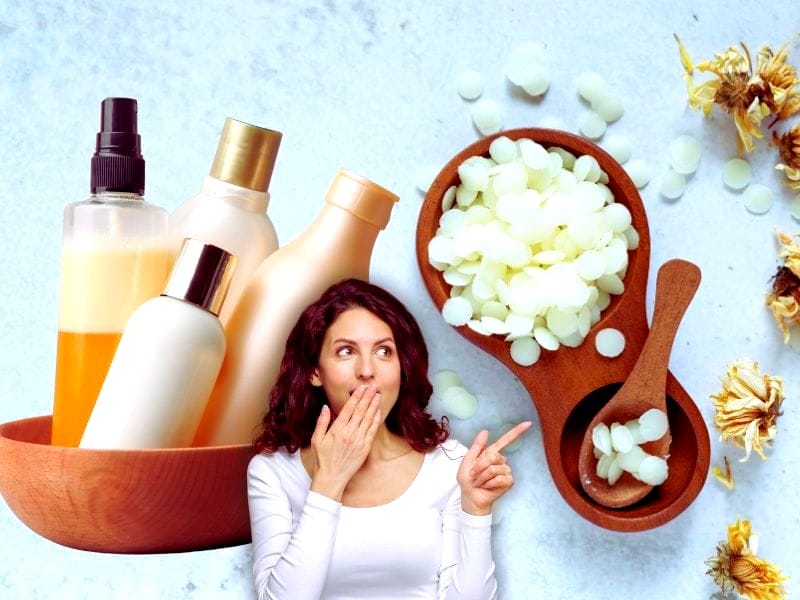 A surprised woman pointing to ingredients that are not suitable for vegan haircare, highlighting awareness.