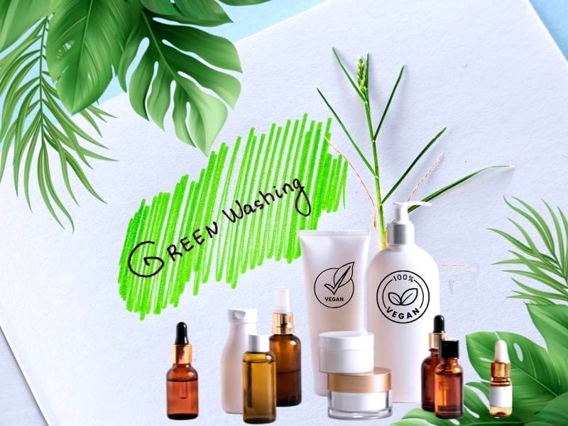 A visual representation of greenwashing with vegan haircare products, emphasizing the importance of authenticity.