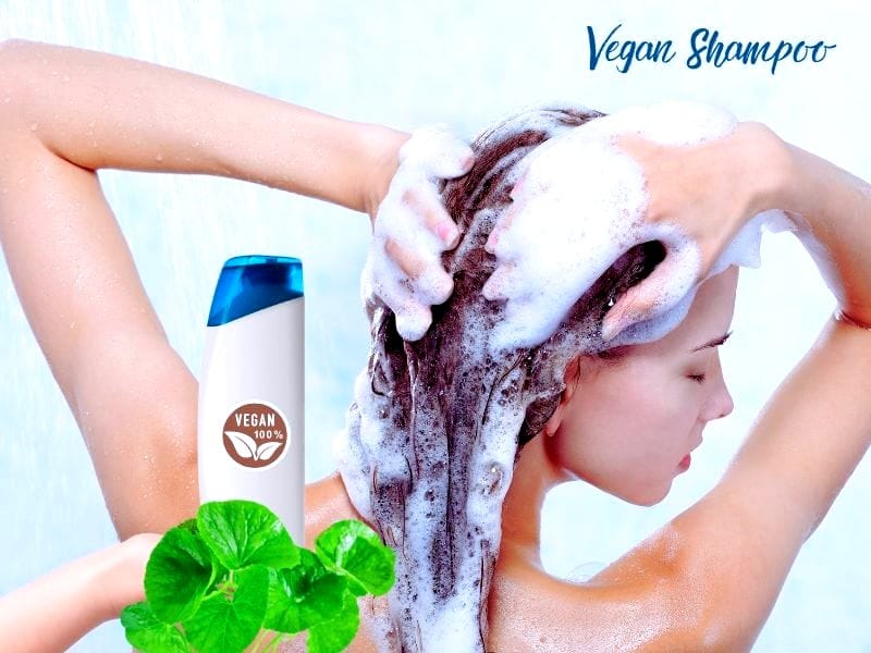 Refreshing shower scene featuring vegan shampoo with foamy lather and green leaves symbolizing purity.