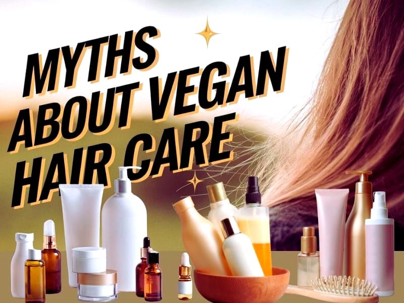 Myths debunked: Showcase of vegan shampoo and hair care products with sleek bottles and natural elements.