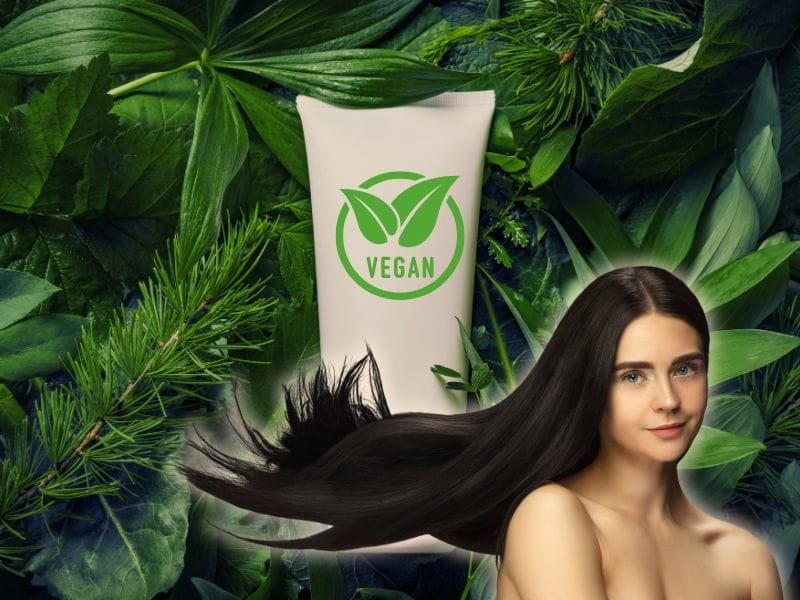 Vegan shampoo bottle amidst lush greenery, highlighting its natural ingredients and nourishing hair benefits.