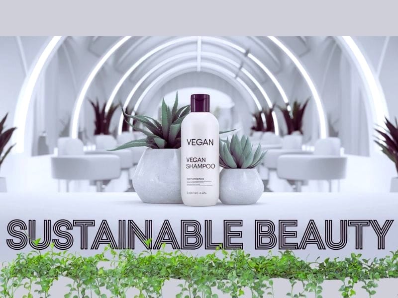 Sustainable beauty concept with vegan shampoo bottle surrounded by greenery in a modern salon setting.