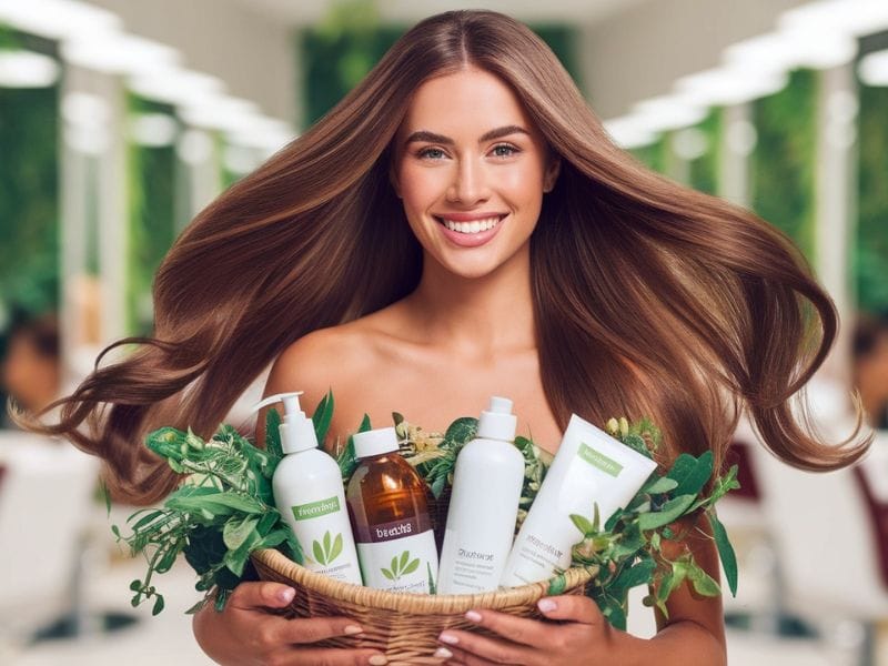 Smiling woman with shiny hair holds a basket of vegan hair care products, highlighting natural beauty and hair health.