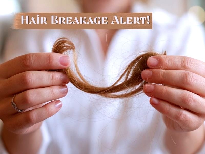 Hair Damage from Shampooing: Close-up of a person holding broken and damaged hair strands, signaling hair breakage.