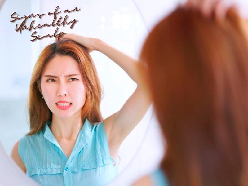 Concerned woman looking at her reflection, examining signs of an unhealthy scalp, such as dryness, itchiness, or irritation.