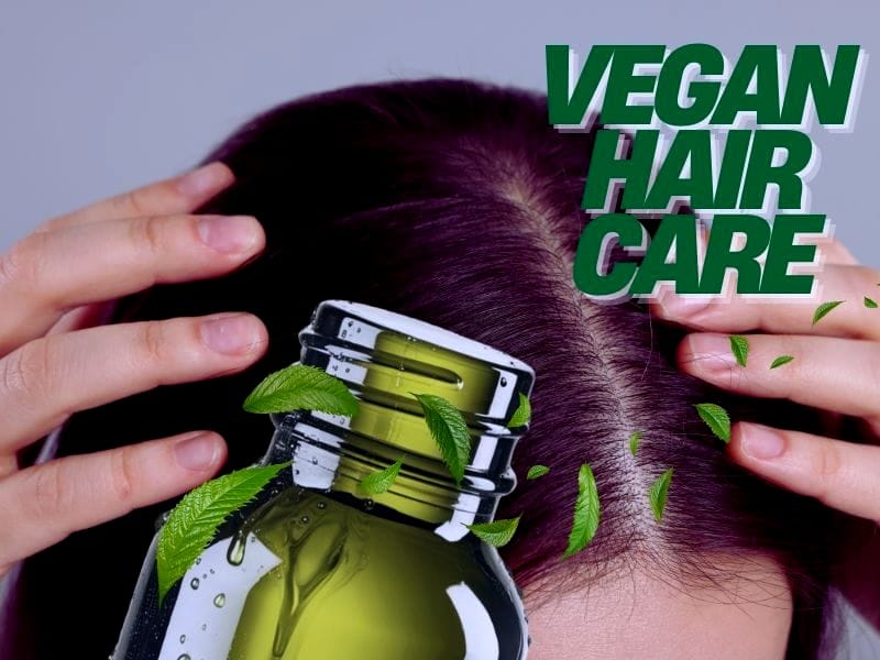 Close-up of a healthy scalp with a focus on vegan hair care, featuring natural oil and green leaves symbolizing organic ingredients.