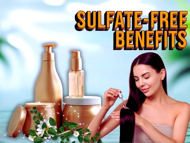 Smiling woman applying sulfate-free hair oil with natural ingredients, highlighting the benefits of gentle, chemical-free hair care.