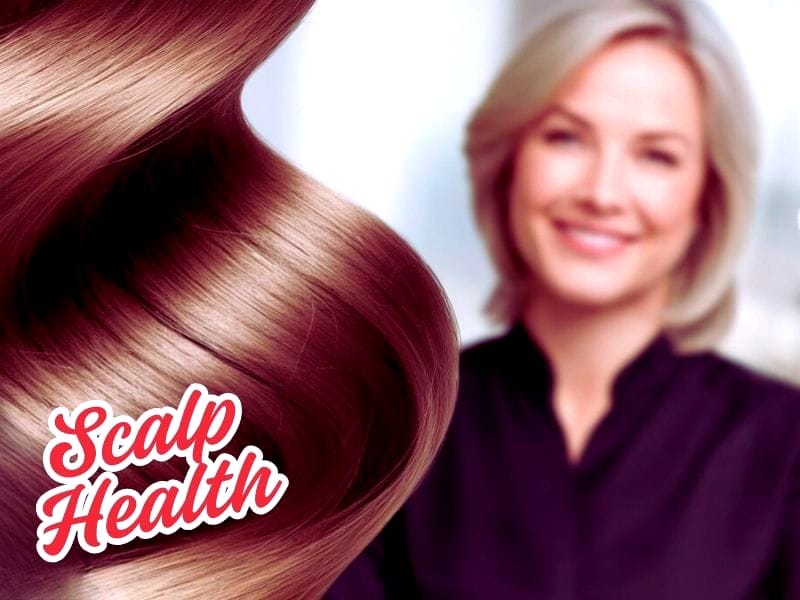 Scalp health promotion image featuring healthy, shiny hair in focus with a smiling woman in the background, emphasizing hair wellness.