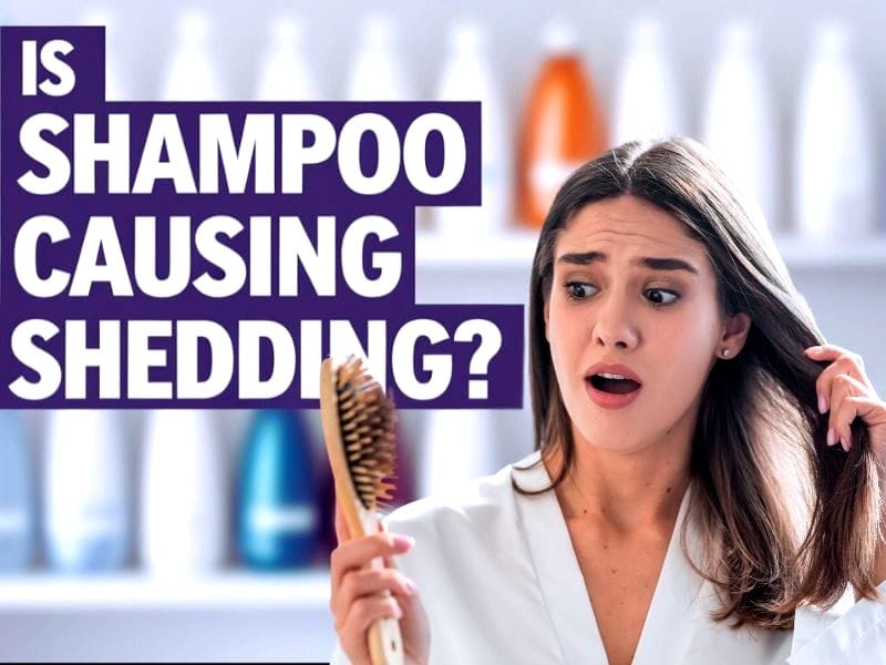 Woman looking at hairbrush with shed hair, worried expression, text reads "IS SHAMPOO CAUSING SHEDDING?