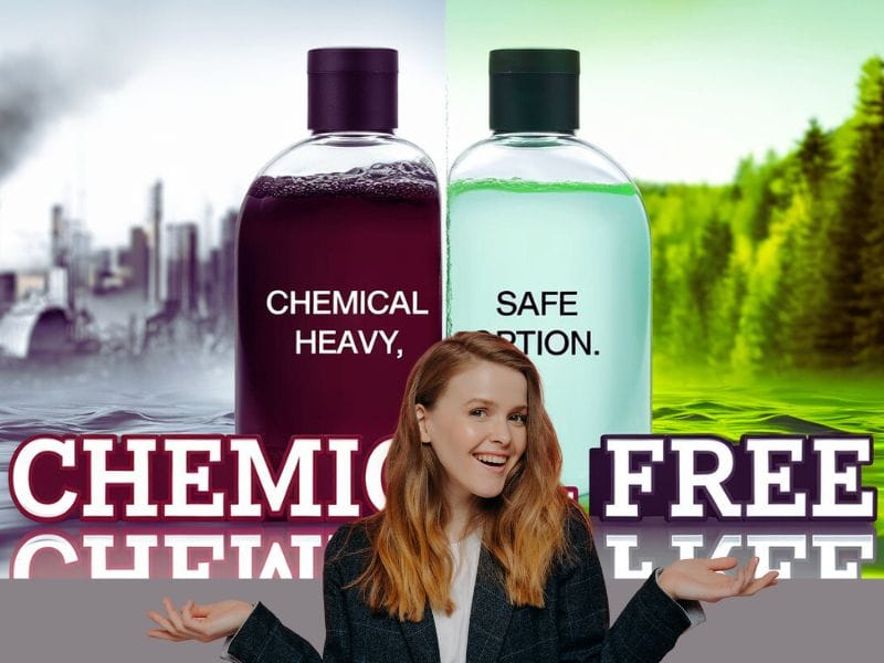 A salon owner compares two shampoo bottles: "Chemical Heavy" with pollution and "Safe Option" with nature.