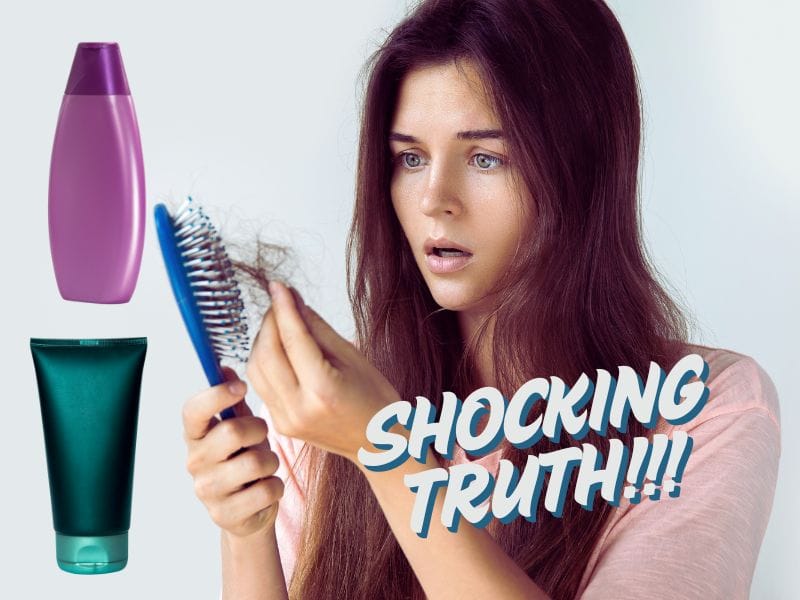 Shocked woman holding hairbrush with hair loss. Shampoo and conditioner bottles highlight hidden causes of hair fall.