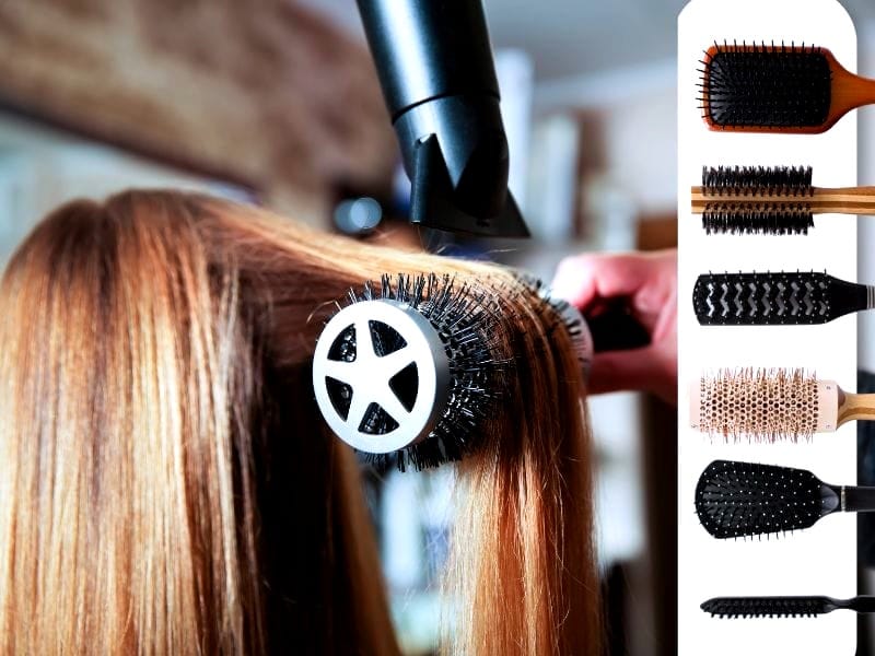 A hairstylist using a round brush and blow dryer on a client's hair, showcasing the best hairbrushes for salons.