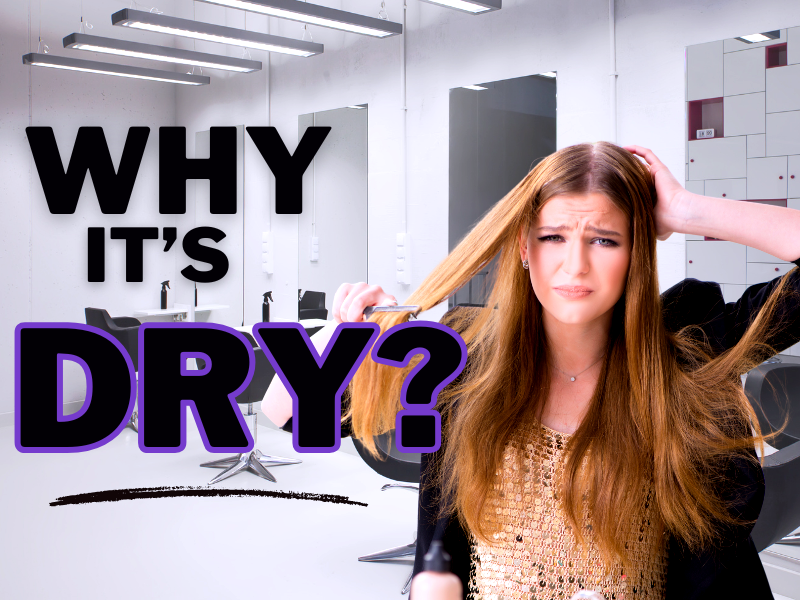 Frustrated woman with dry hair in a salon