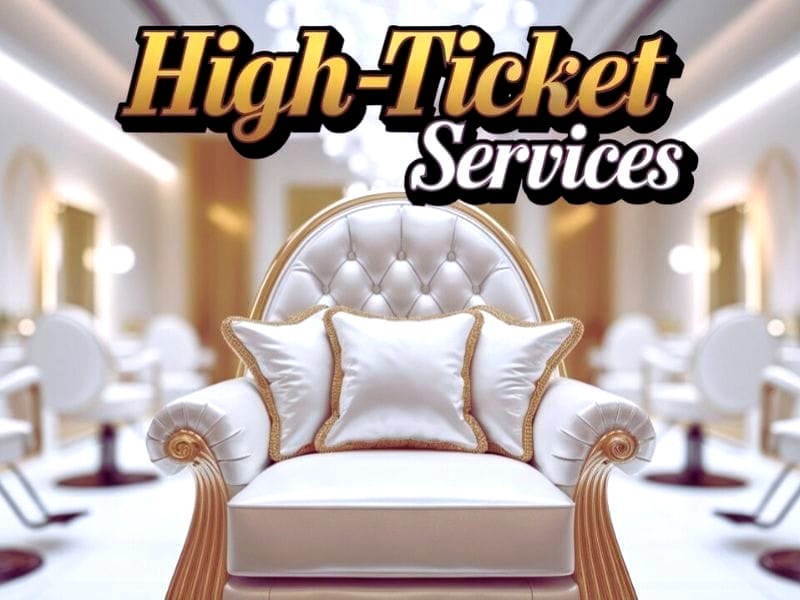 Luxury salon offering high-ticket services. Image showcases an elegant white and gold chair in a high-end beauty salon.