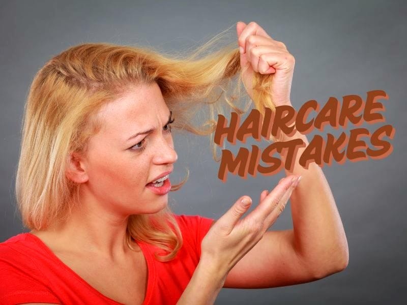 Frustrated woman examining her dry, damaged hair with 'Haircare Mistakes' text overlay.