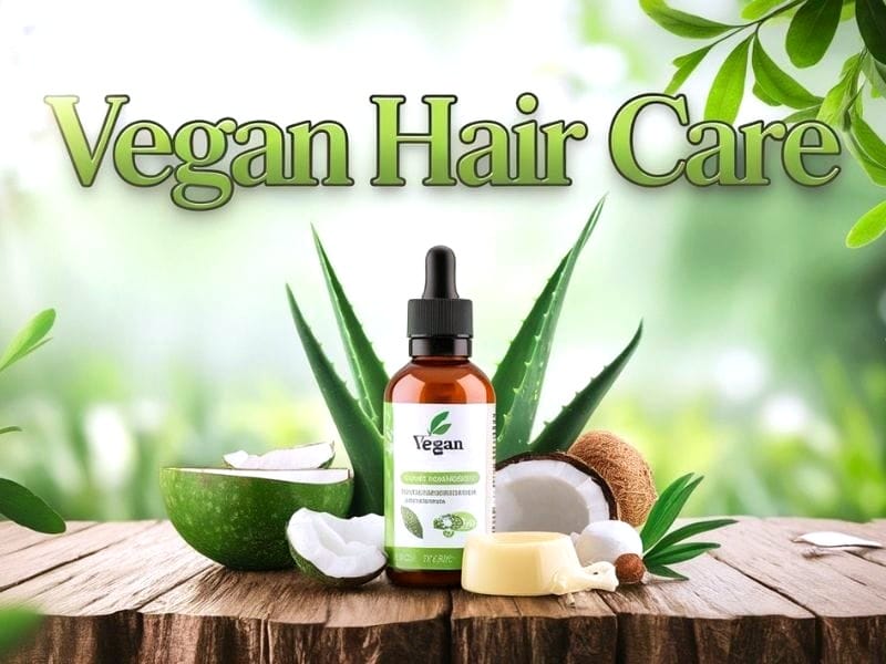 Vegan Hair Care: A natural hair oil bottle with coconut, aloe vera, and plant-based ingredients in a green setting.