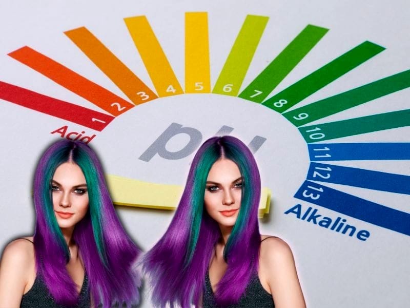 A woman with vibrant green and purple hair in front of a pH scale, illustrating the impact of pH on hair color.