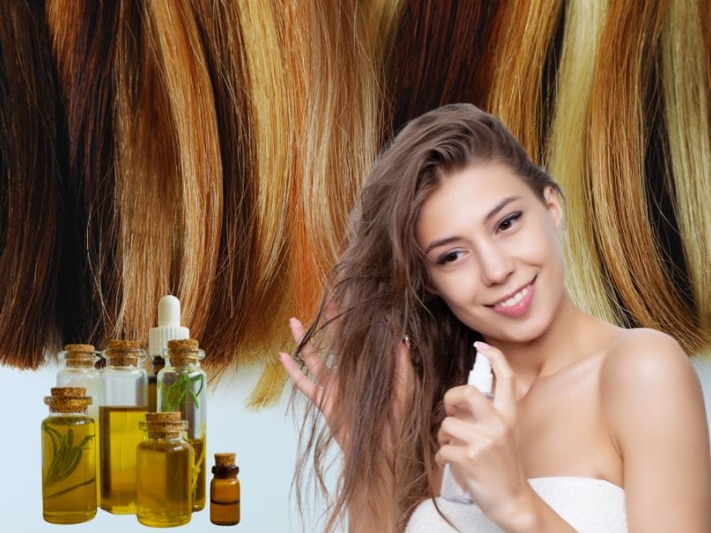 Smiling woman applying hair oil spray, with various oil bottles and healthy hair strands in the background.