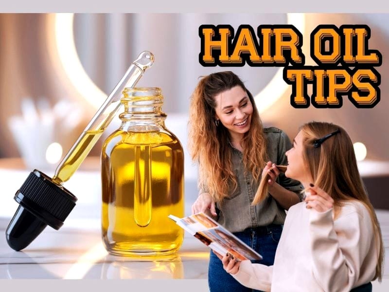 Two women discussing hair oil tips with a close-up of a dropper bottle filled with golden hair oil.