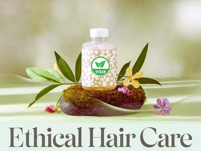 Vegan shampoo bottle on a natural mossy surface, promoting sustainable and cruelty-free hair products.