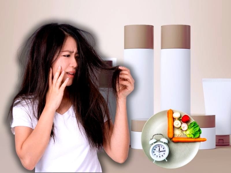 Frustrated woman examining dry hair with hair care products and healthy diet choices to fix dry hair.