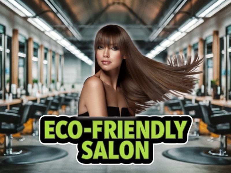 Eco-friendly salon promoting natural hair care with a model showcasing smooth, healthy, and shiny hair.