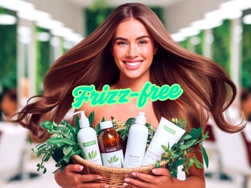 A woman with smooth, frizz-free hair holding a basket of vegan hair care products, promoting natural beauty.