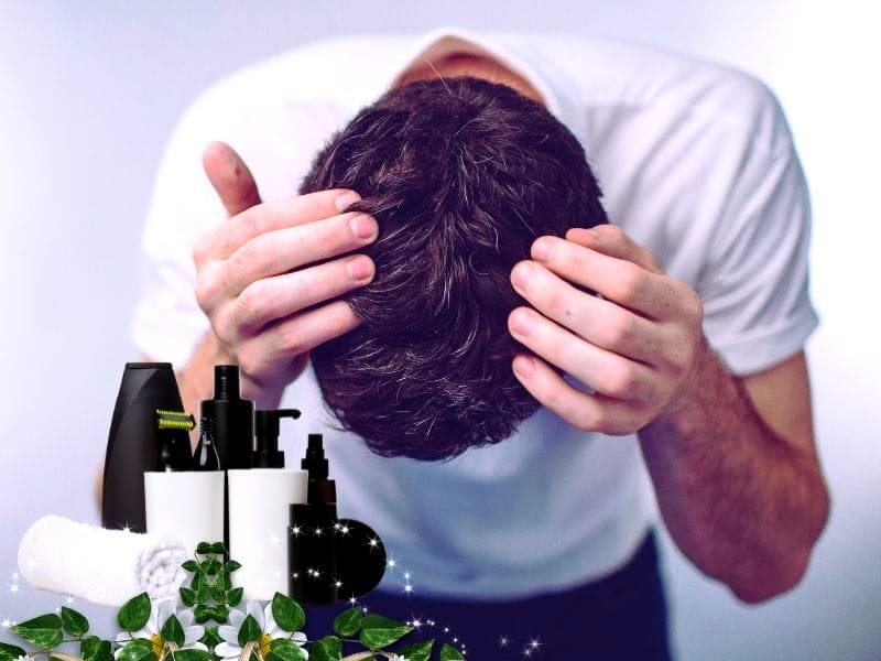 This image emphasizes men's hair care, featuring a man focusing on his hair with premium hair care products in the foreground, enhanced with natural elements. 