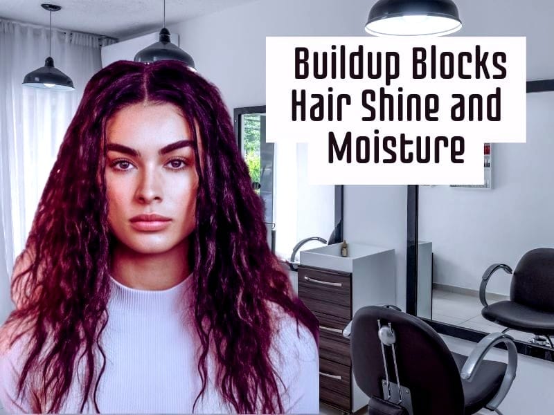 Woman with dull, frizzy hair in a salon, text reads: "Buildup Blocks Hair Shine and Moisture".