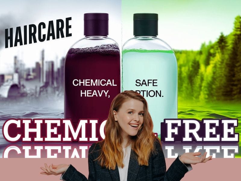 Choosing chemical-free haircare for healthier scalp and dandruff prevention, featuring a happy woman.