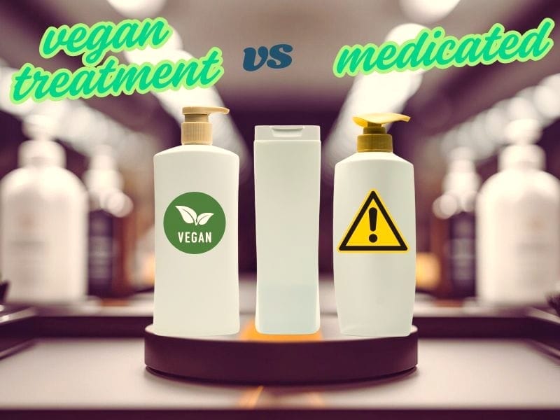 Comparison of vegan hair treatment and medicated shampoo bottles on a salon counter with blurred background.