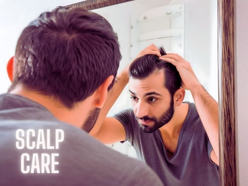 Man examining his scalp in the mirror, focusing on scalp care; highlighting healthy hair and grooming routine.