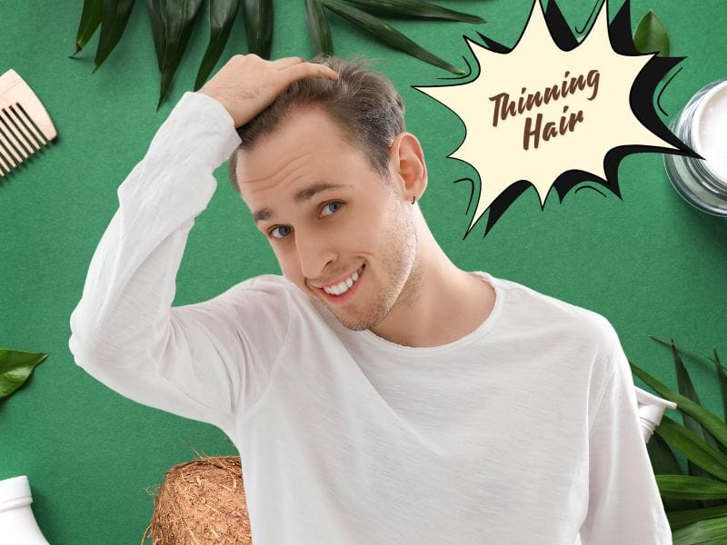 Man touching his thinning hair with a smile, surrounded by natural hair care products; emphasizing solutions for hair thinning.