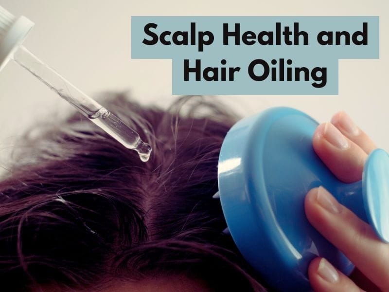 Close-up of scalp oiling with a dropper and a blue scalp massager. Text: 'Scalp Health and Hair Oiling