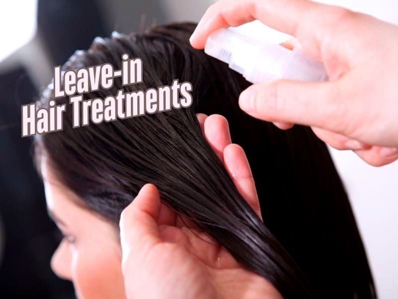 Close-up of a stylist applying a leave-in treatment to wet hair using a spray bottle, with text: "Leave-in Hair Treatments".