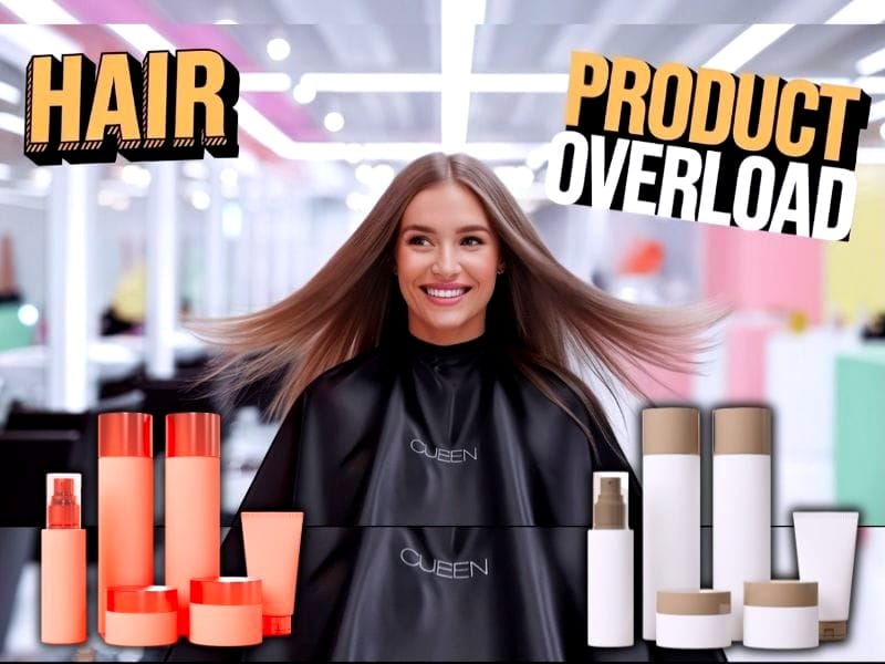 Smiling woman with flowing hair in a salon, surrounded by various hair products; text reads "Hair Product Overload"