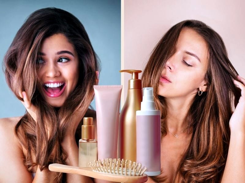 Two women with healthy hair showcasing a simple haircare routine using essential products for smooth results.