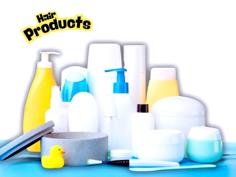 Various hair products in colorful bottles with "Hair Products" text in yellow and black, featuring a rubber duck and brushes.