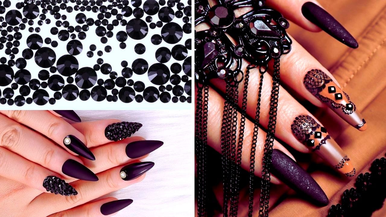black rhinestone nails