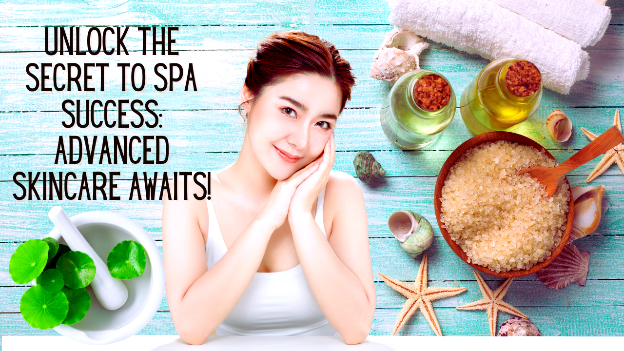 A radiant woman surrounded by natural spa ingredients, promoting advanced skincare solutions with the text.