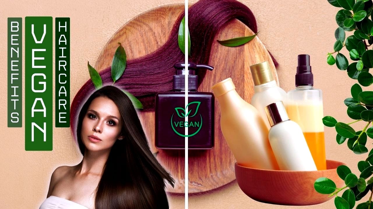 Image showcasing vegan hair products with healthy, eco-friendly packaging and natural ingredients for luscious hair.