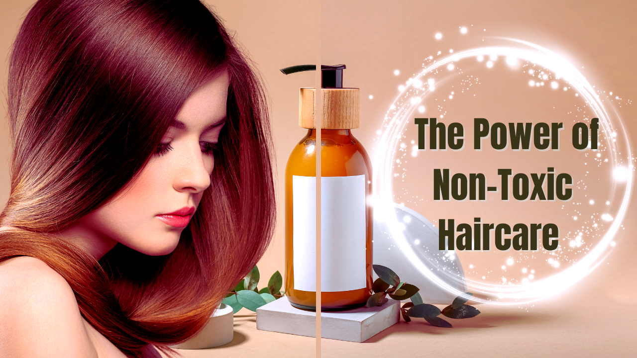 Healthy hair results with non-toxic products, featuring a shampoo bottle and “The Power of Non-Toxic Haircare.”