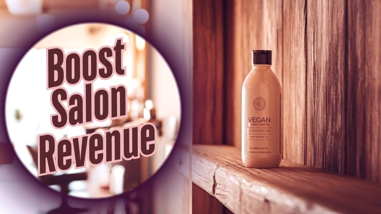 Vegan shampoo bottle displayed on a wooden shelf with text 'Boost Salon Revenue,' emphasizing salon growth.