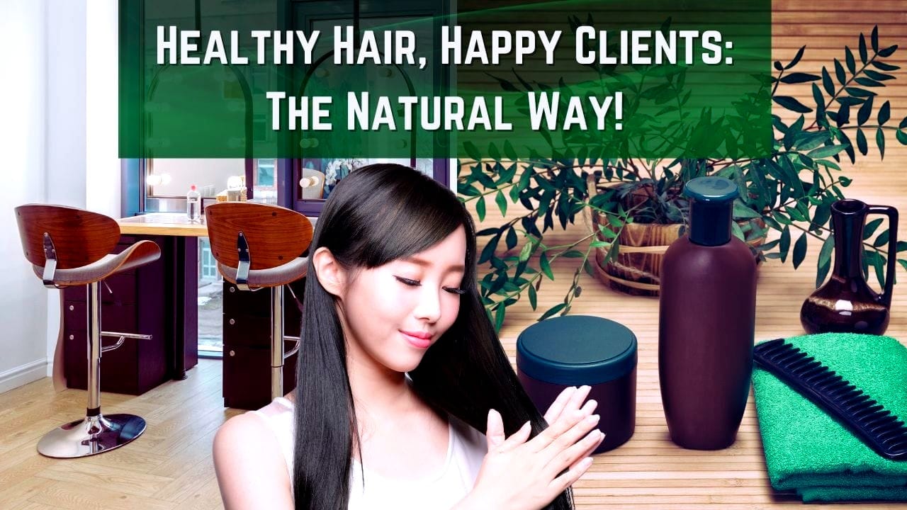 Client using natural hair care products in a salon, surrounded by eco-friendly packaging and lush greenery.