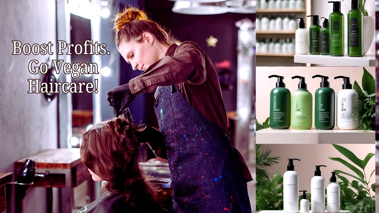 Salon with shelves of vegan shampoo and stylist working, showcasing eco-friendly and ethical hair care products.