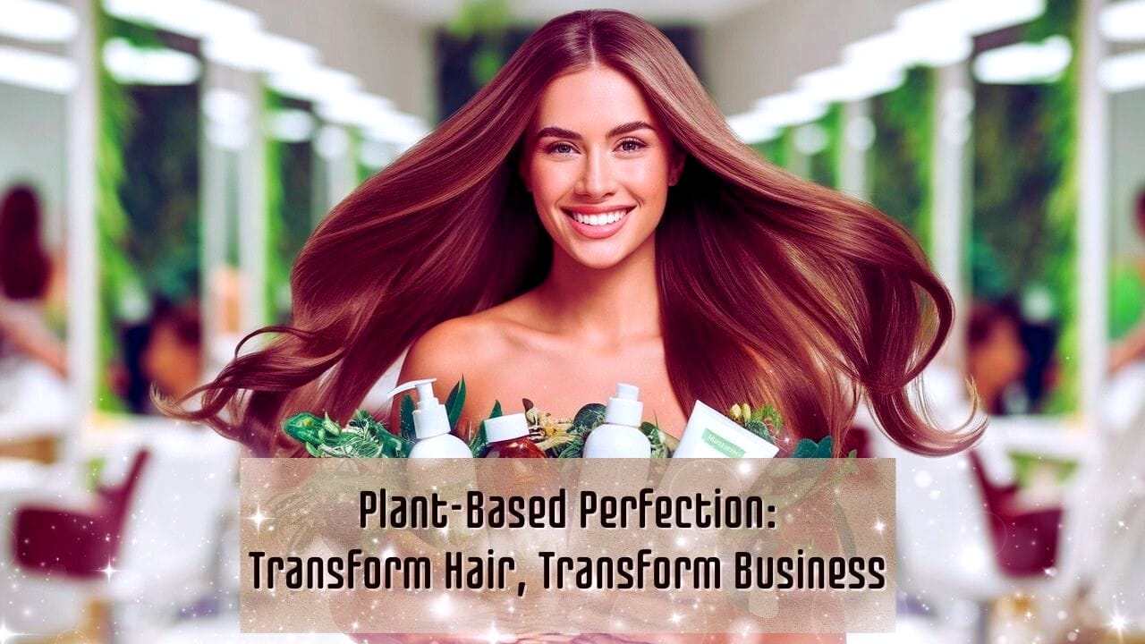 Smiling woman with flowing hair holding vegan hair care products, showcasing the benefits of plant-based beauty.