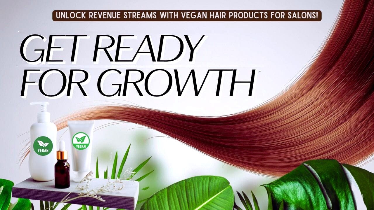 Promotional image for vegan hair care products featuring sleek hair, eco-friendly packaging, and lush greenery.