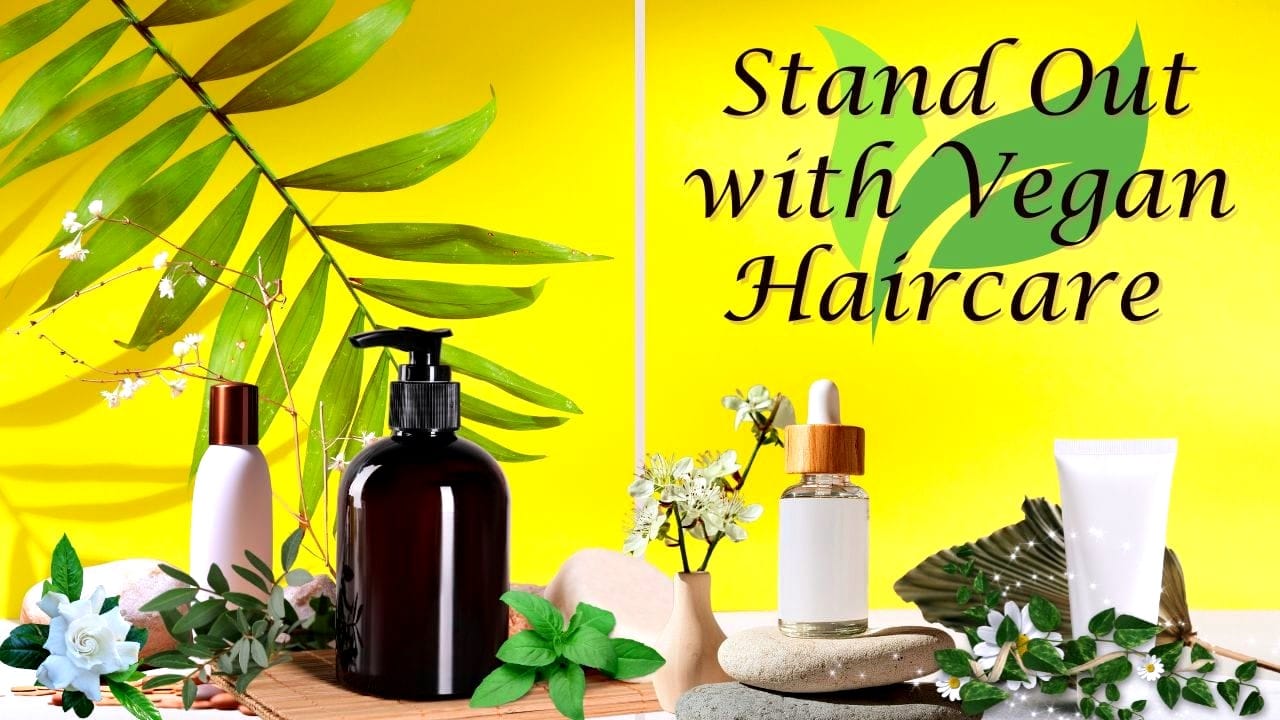 Promote your vegan hair salon with eco-friendly haircare products, lush greenery, and a vibrant yellow backdrop.